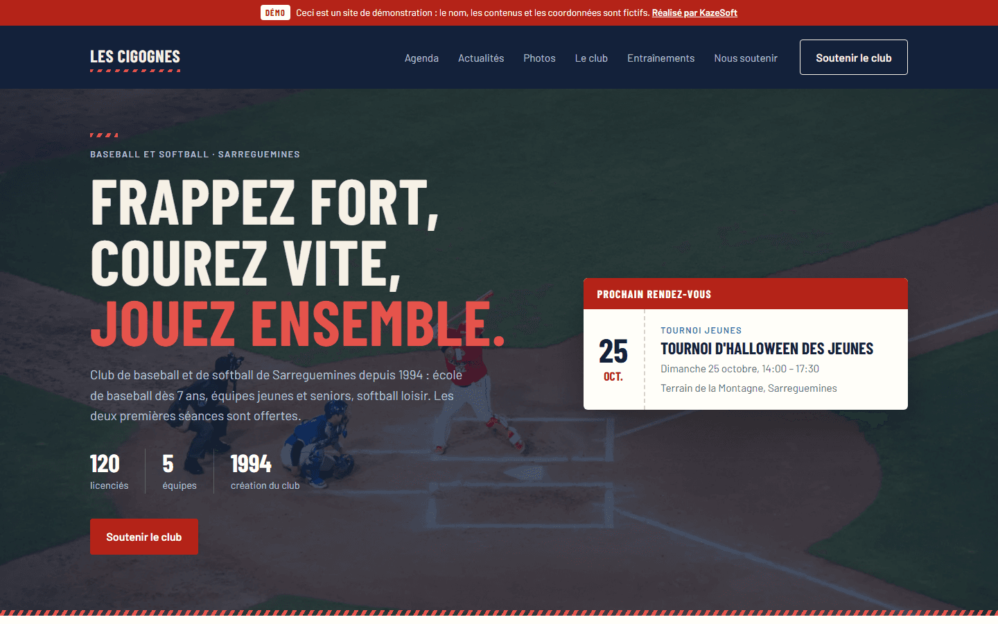 Page d'accueil des Cigognes, site de démonstration Kaze-Mei d'un club de baseball