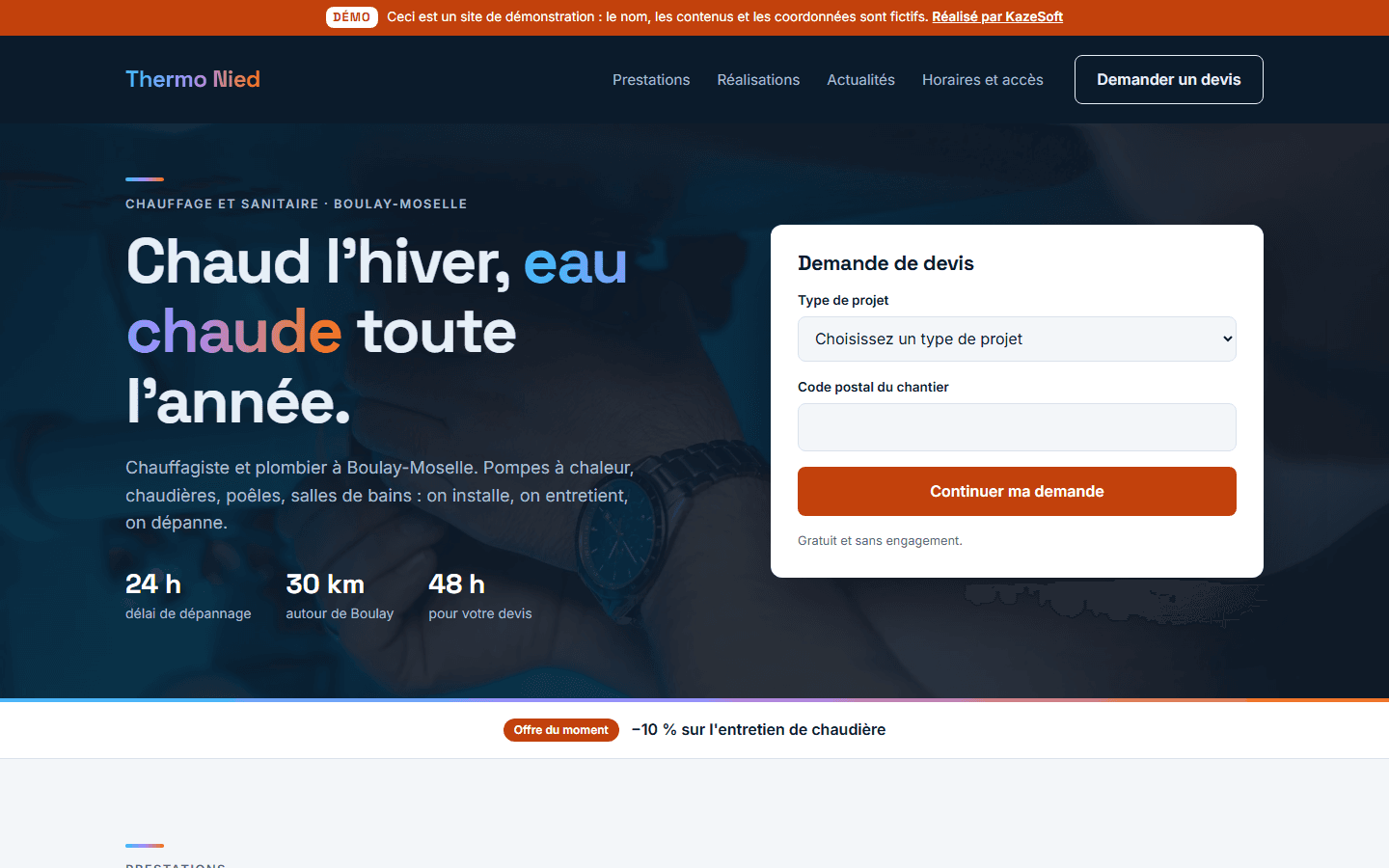 Page d'accueil de Thermo Nied, site de démonstration Kaze-Mei d'un chauffagiste